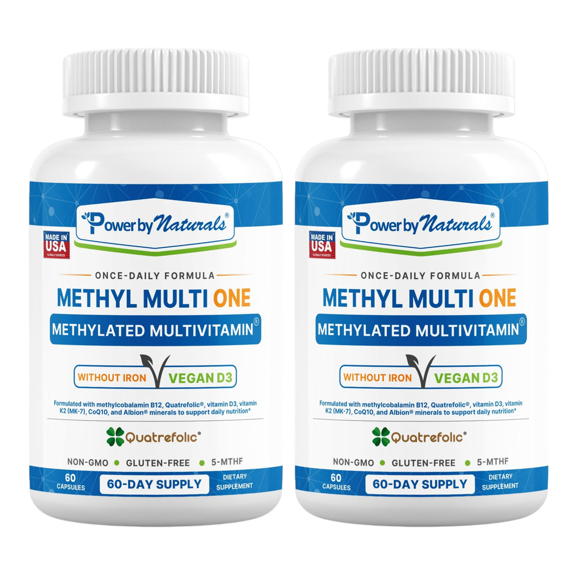 Power By Naturals Methyl Multi One – Iron-Free Methylated Multivitamin with 5-MTHF, Methyl B12 & CoQ10 – Methylation Support for Men & Women – Vegan, Non-GMO – 60 Capsules (2-Month Supply) | With 5-MTHF, Methyl B12 & CoQ10 - Methylation Daily Support for