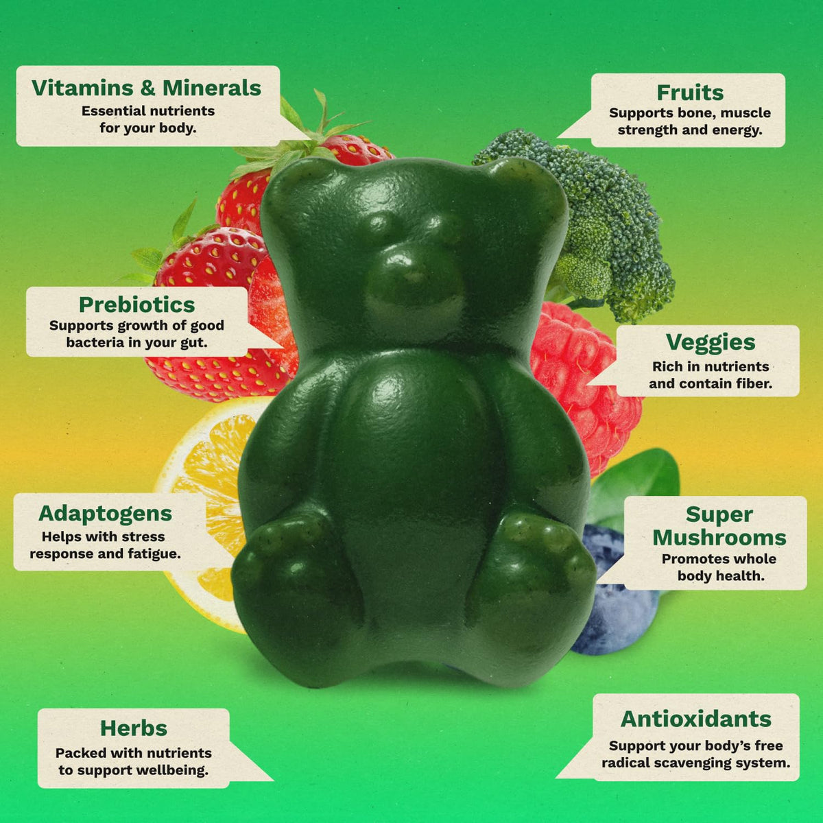 Gruns Sugar-Free Super Greens Gummies, Multivitamin Superfood Gummy Bears, Spirulina, Chlorella, Prebiotics & Fiber gummies for Digestive Health, Adaptogens Supplement, 20 Vitamins & Minerals, 10 pack GrünsBuy Supplements Australia