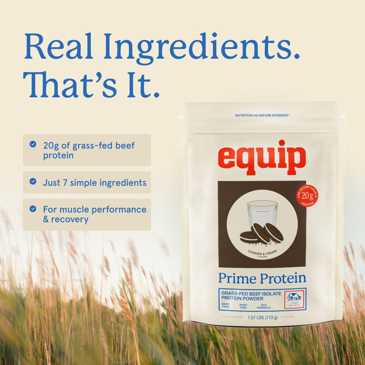 Equip Prime Chocolate Protein Powder - Gut-Friendly, No Sugar Protein Shake Powder with Grass-Fed Beef & Natural Collagen - Rich & Creamy Mix - 21g Per Serving - Whey & Dairy-Free (30 Scoops)
