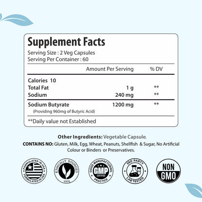 Sodium Butyrate Supplement 1200mg, Yielding 960mg Butyric Acid, 120 Vegan Capsules, 2 Month Supply, Non-GMO & Gluten Free Postbiotic Supplement