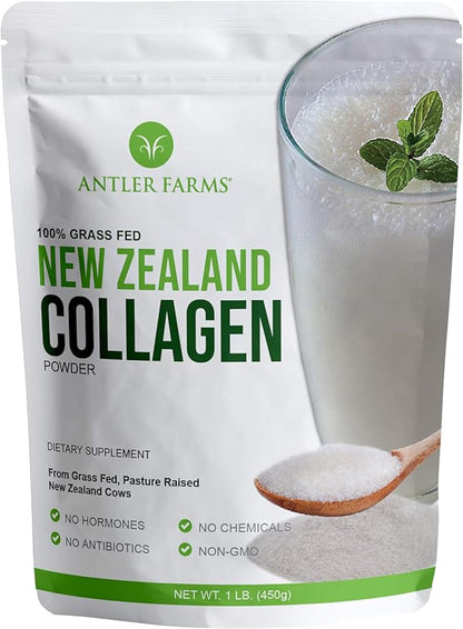 Antler Farms New Zealand Collagen Powder - Grass Fed, Unflavored, 1 lb | 100% Pure Hydrolyzed Collagen Peptides Powder, Cold Water Soluble Peptide, Keto Friendly, Bioavailable, Quick Dissolving
