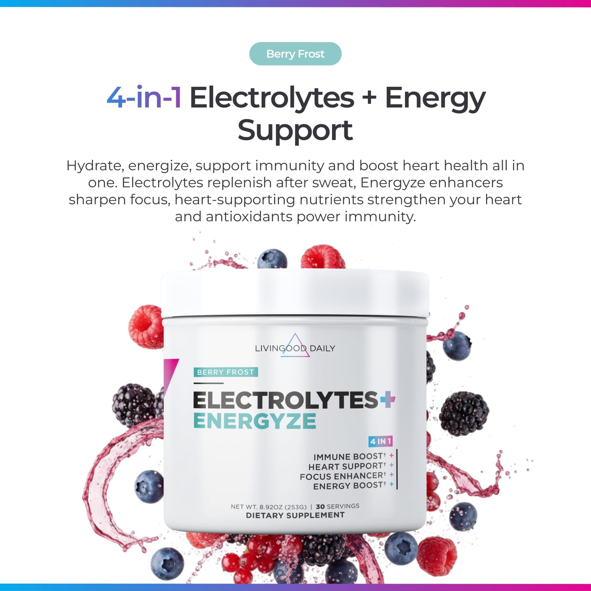 Livingood Daily Electrolytes Powder Strawberry Lemonade, 30 Servings - 4in1 Hydration Powder with Vitamin C, Taurine, D Ribose & FOS, Sugar Free Electrolyte Drink Mix, Keto, Gluten Free - Made in USA