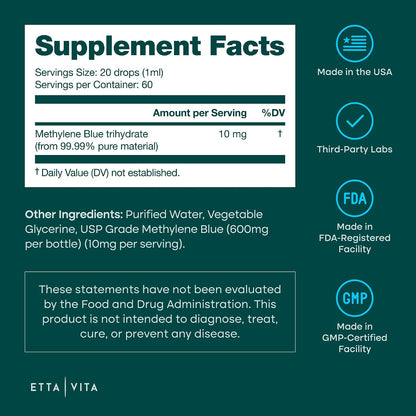Methylene Blue Pharmaceutical Grade 99.99% Pure 1% Solution, 2oz Tincture | Methylene blue drops for energy, focus, clarity, cognition & cellular support, 3rd party tested, formaldehyde-free, USA