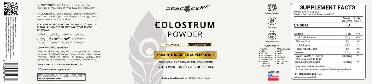 Peacock Max Colostrum Powder – 60g (30 Servings), Unflavored Bovine Colostrum Supplement, Superfood for Hair, Skin & Gut Health, Gluten-Free, Non-GMO Peacock MaxBuy Supplements Australia