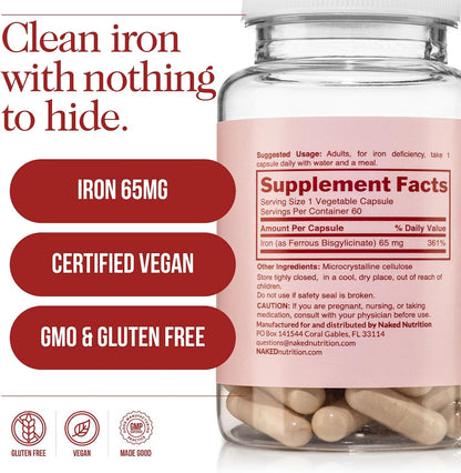 Naked Iron + Vitamin C Bundle – High-Potency Supplement for Deficiency, Energy Support, Red Blood Cell & Daily Antioxidant Immune Support – 65 mg Iron (60 Caps) + 500 mg Vitamin C (90 Caps)