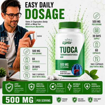 Leaping Lynx TUDCA 500mg – Tauroursodeoxycholic Acid Supplement – 60 Capsules – TUDCA Liver Support Supplement – Bile Acid Digestive Support – Non-GMO, ISO-Certified