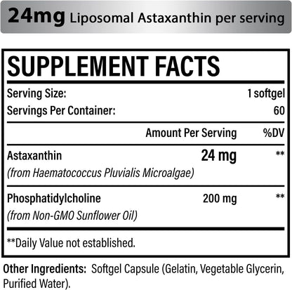 Liposomal Astaxanthin Supplement 24 MG, Maximum Absorption, Antioxidant Stronger Than VIT C, Non-GMO & Gluten Free - 60 Softgels(2 Months Supply)