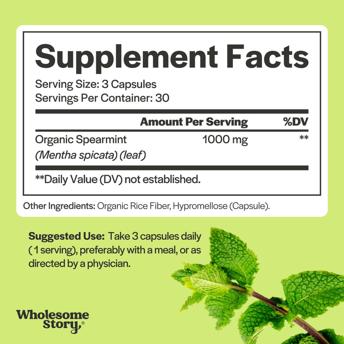 Wholesome Story Spearmint Capsules Supplement | 1000mg Spearmint Leaf | 333.33mg Per Capsule | Supports Hormones, Digestion & Gut | Mentha Spicata | 30-Day Supply