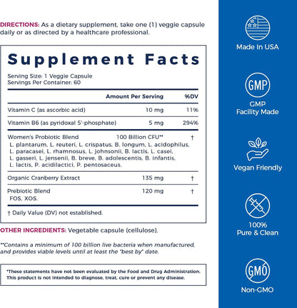 NewRhythm Probiotics for Women, P-5-P, Vitamin C & Organic Cranberry, 100 Billion CFU 18 Strains, Prebiotics & Vaginal Probiotics for Digestive Health & PH Balance, 60 Capsules, No Dairy