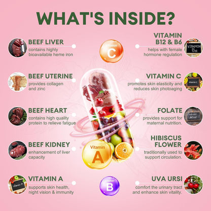 Beef Organ Supplement for Women - Beef Liver, Kidney, Heart,Uterus Tissue - Balance Hormones & Women's Overall Energy - Grass Fed, Pasture Raised - Natural Iron Supplement with Folate - 120 Capsules
