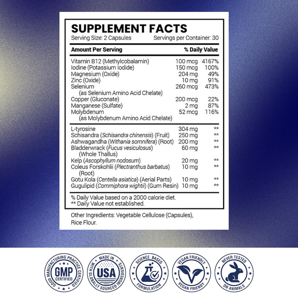 Research Verified® Thyroid Aid - Optimal Thyroid Function with Iodine Copper & Zinc - 260 mcg Selenium - 100% Pure - Vegan Friendly - 60 Capsules - 1 Month Supply