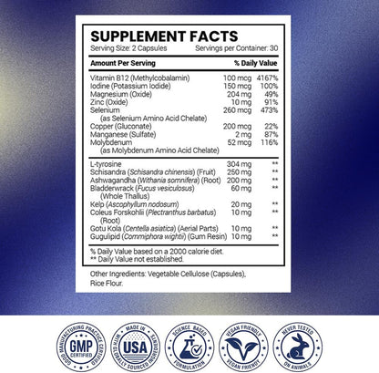 Research Verified® Thyroid Aid - Optimal Thyroid Function with Iodine Copper & Zinc - 260 mcg Selenium - 100% Pure - Vegan Friendly - 60 Capsules - 1 Month Supply
