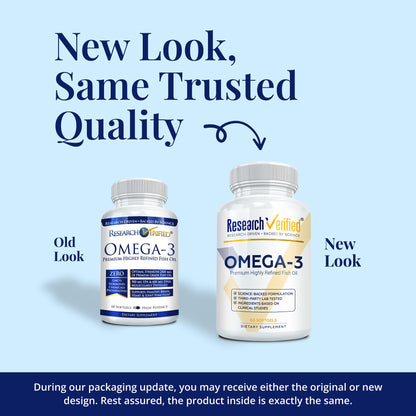 Research Verified Omega 3-1800mg Omega 3 Fish Oil - High 900mg EPA + 600mg DHA - No Aftertaste - 60 Softgel Capsules - 3 Bottles