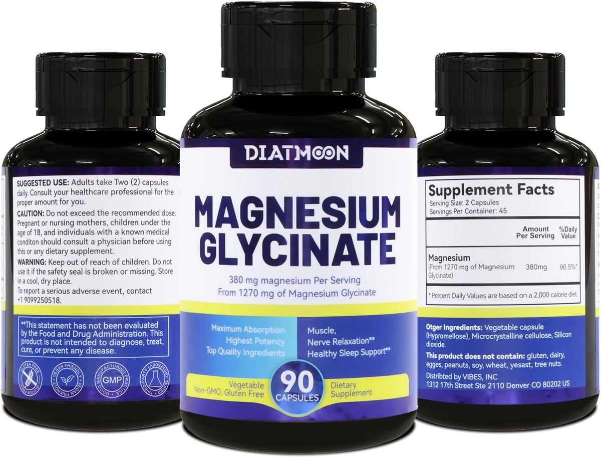 Magnesium Glycinate Capsules 380mg Organic Chelated Vegan 90 Counts GMP | Gentle & Efficient Absorption, Support Sleep Muscle Bone Heart Health, Stress Relief, Filler Free, Non GMO, Gluten Free