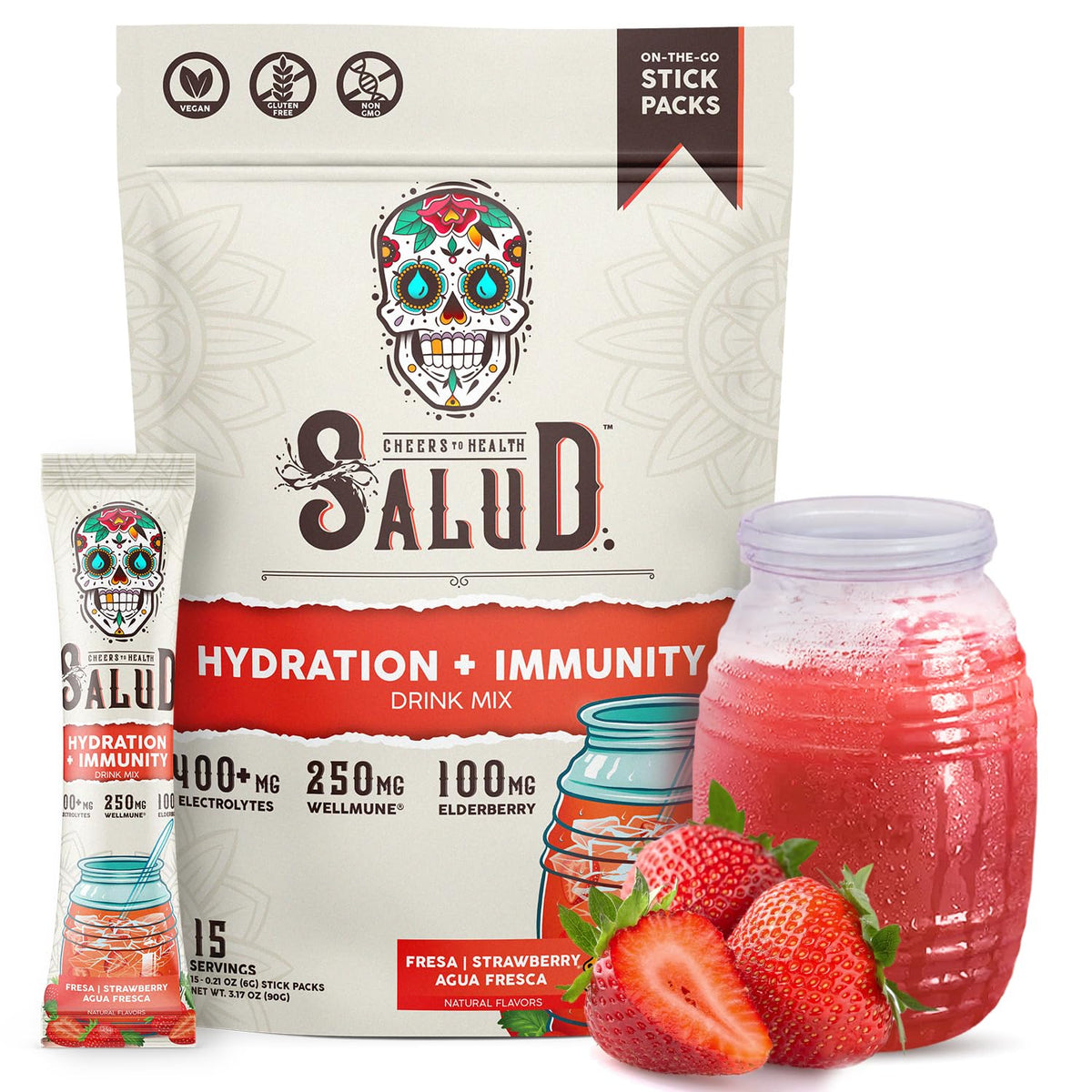 Salud 2-in-1 Hydration + Immunity Drink Mix, Cucumber Lime | Electrolytes Powder, Agua Fresca, Elderberry, Dairy & Soy Free, Non-GMO, Gluten Free, Vegan, 1g Sugar (15 Servings)