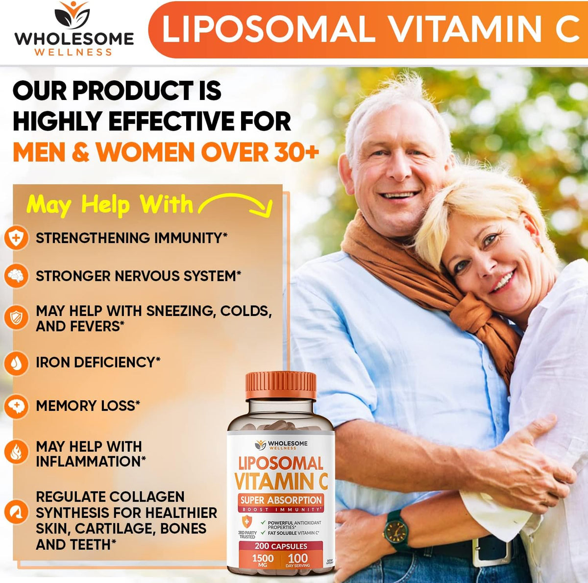 Wholesome Wellness Liposomal Vitamin C Capsules (200 Pills 1500mg Buffered) + Super-Absorb Multi Collagen Pills (Type I II III V X) Organic Herbs and Bioperine Bundle