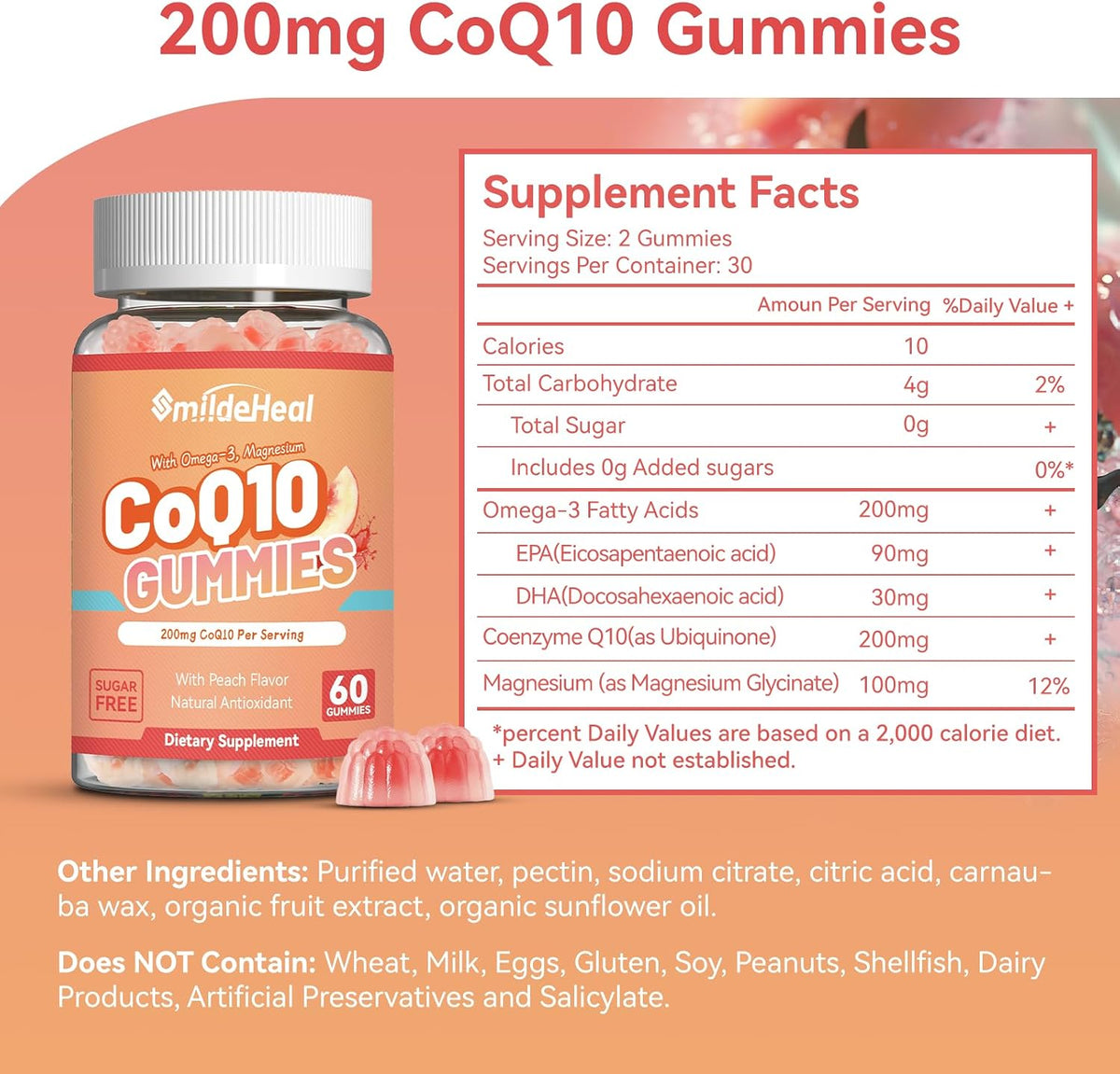 CoQ10 Gummies 200mg with Omega-3, EPA + DHA, & Magnesium - 60 Counts | Coenzyme Q10 Supplements for Heart Health, Cellular Energy & Antioxidant, Vegan, Sugar Free