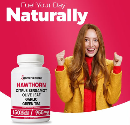 Hawthorn Berry Capsules, 6-in-1 Extract w/Olive Leaf, Citrus Bergamot, Garlic, Green Tea & Black Pepper, 150 Pills, Non-GMO & Gluten-Free Hawthorne Berry Supplement