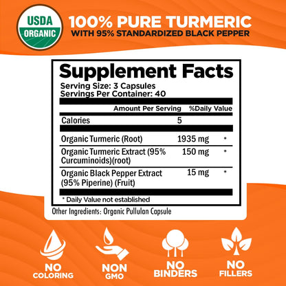 Organic Turmeric Curcumin with Black Pepper Extract 2000mg - High Absorption Ultra Potent Supplement - 95% Curcuminoids - Vegan, Non GMO - 120 Capsules
