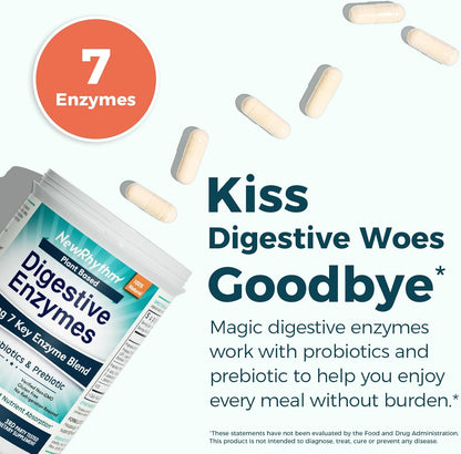 NewRhythm Digestive Enzymes 245 mg, with Probiotics and Prebiotics, Plant Based, 7 Key Enzymes, Digestion, Nutrient Absorption, Protease Amylase & Lipase, 60 Vegan Capsules