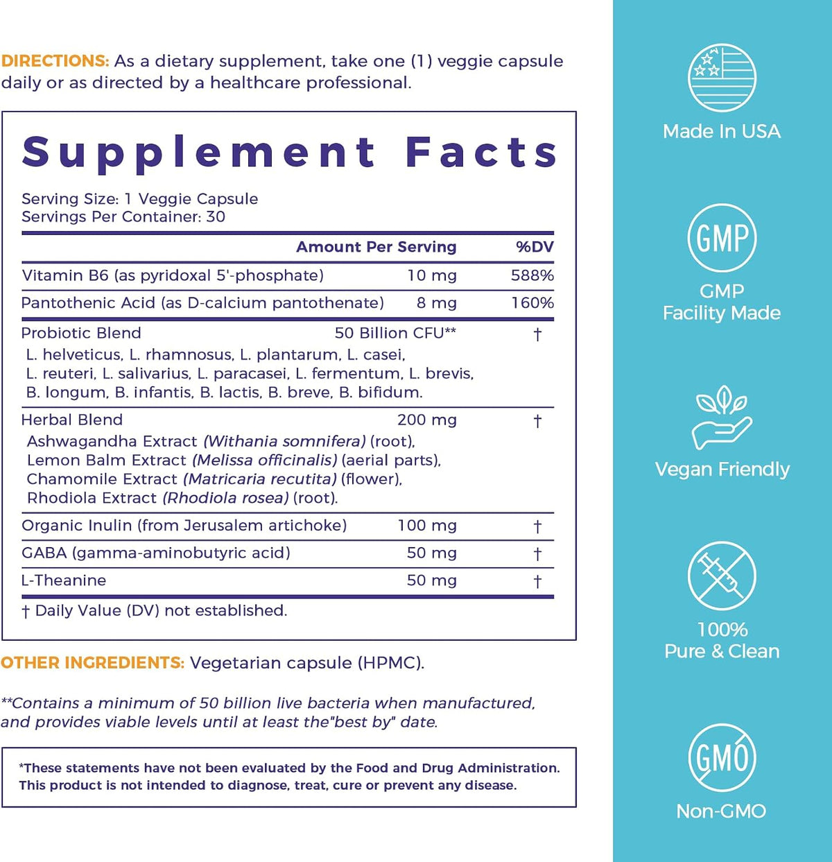 NewRhythm Mood Probiotics 50 Billion CFU, 14 Strains | Lactobacillus Helveticus, Prebiotic, Ashwagandha, GABA, L-Theanine, Vitamin B6 B5, Digestive & Mood Support, 30 Capsules