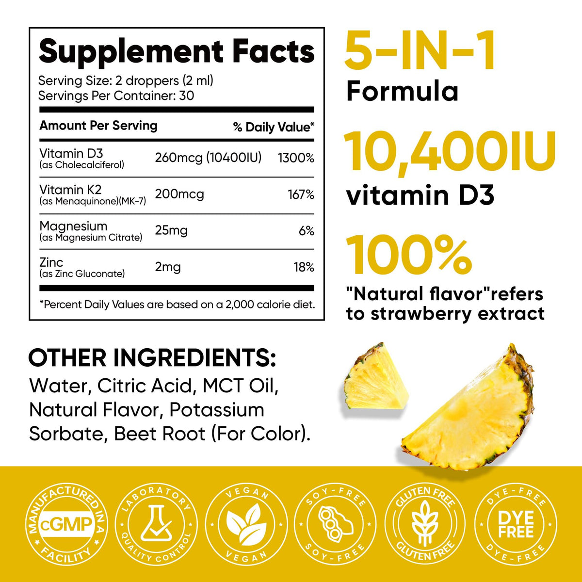 5-in-1 Vitamin D3 K2 Drops, Vitamin D3 10400 IU & K2(MK-7) 200mcg | With Magnesium, MCT Oil, Zinc, Maximum Absorption Vitamin D Liquid for Bone, Mood & Immune - Sugar Free | 2 FL OZ | 60 Days