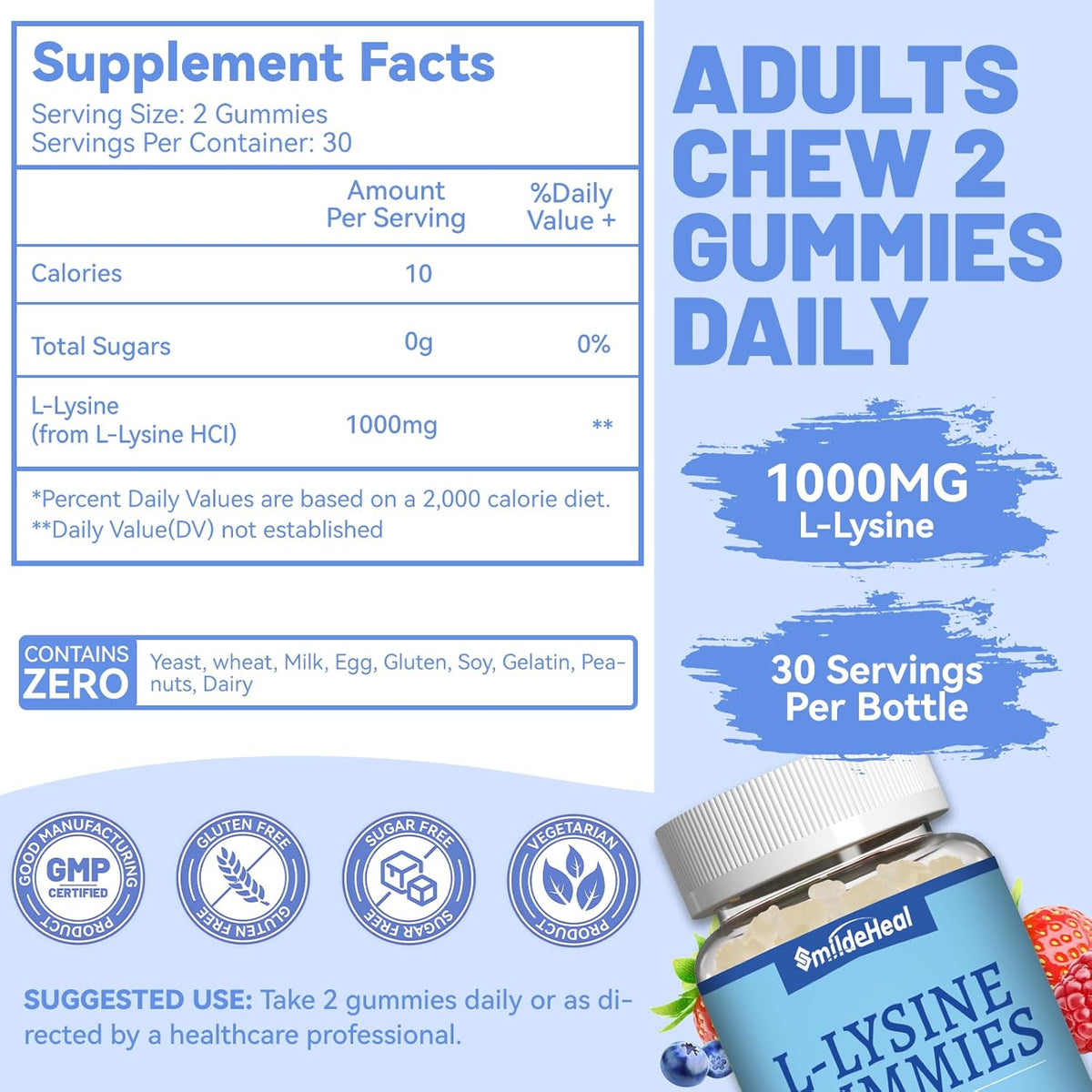 L-Lysine 1000mg Gummies, Chewable Lysine Supplement for Adults | Lysine Gummies for Immune Support, Collagen Formation Support, Vegan, Gluten Free - 60 Counts