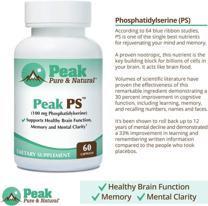 Peak Pure & Natural “Peak PS” Phosphatidylserine Brain Health Supplement - Soy-Free Nootropic for Memory Health - Supplement for Brain Health - 30 Count 100mg Softgels