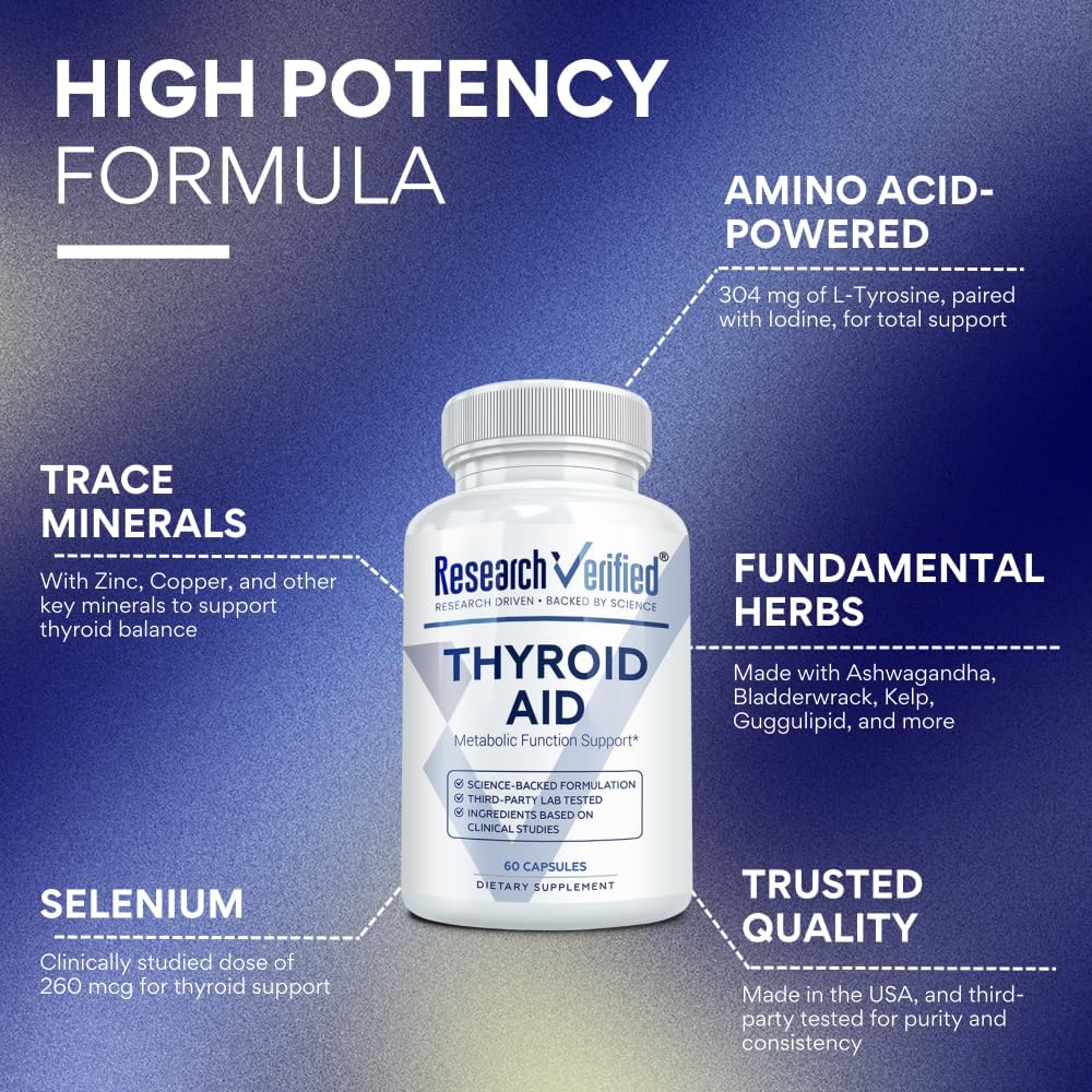 Research Verified® Thyroid Aid - Optimal Thyroid Function with Iodine Copper & Zinc - 260 mcg Selenium - 100% Pure - Vegan Friendly - 60 Capsules - 1 Month Supply