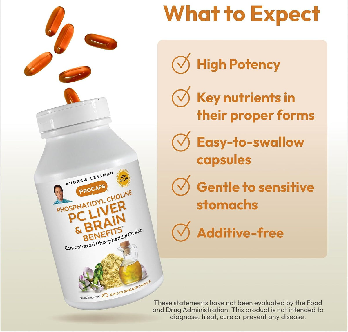 Andrew Lessman ProCaps PC Liver & Brain Benefits 360 Softgels | Phosphatidyl Choline with Ahiflower Oil supports acetylcholine production, memory, focus & healthy liver function.