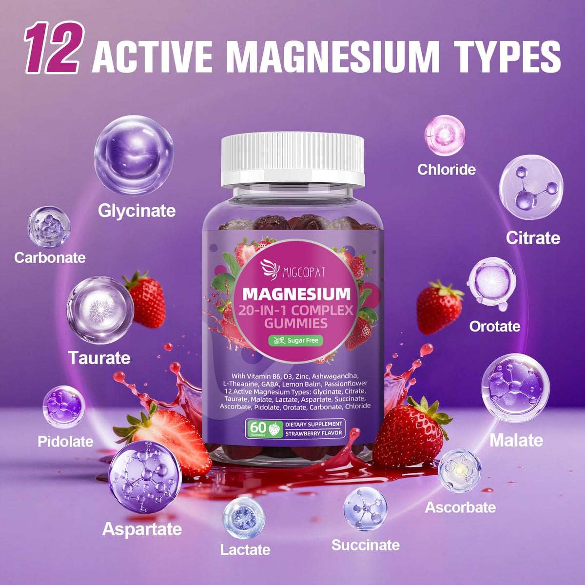 Migcopat Magnesium Complex 20 in 1 Magnesium Gummies with Glycinate Citrate Malate Taurate - Ashwagandha, L-Theanine, D3&Zinc for Relaxation, Sleep, Muscle&Heart Support, Strawberry, 60 Cts