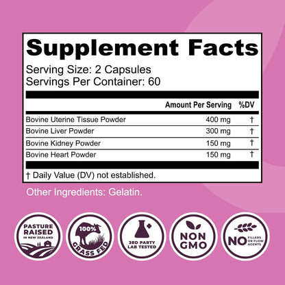 Beef Organ Supplement for Women + Organic Beef Liver Capsules + Grass Fed Bovine Heart & Liver Supplement - Pasture Raised Bovine - No Fillers, Flow Agents, or GMOs - Nutrient Dense Superfood