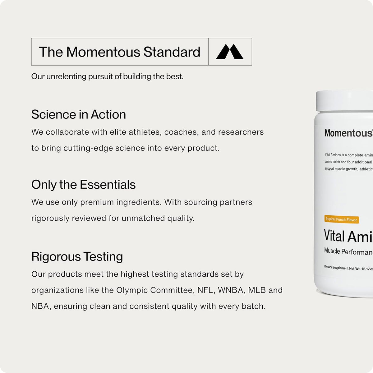 Momentous Vital Aminos Powder Supplement - BCAA & EAA - Tropical Punch - NSF Certified for Sport - GMO- & Gluten-Free - 30 Servings - Package May Vary