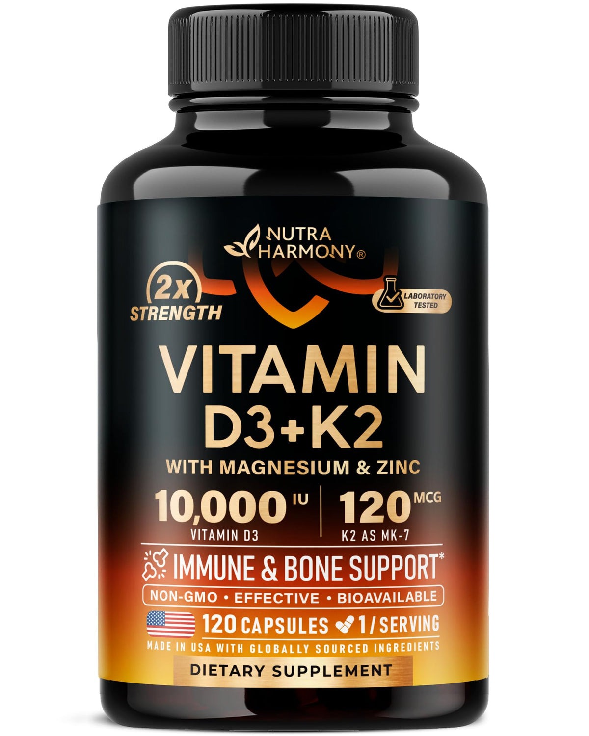 Vitamin D3 K2 - Vitamin D3 10000 iu & K2 as MK-7 120 mcg - Immune & Mood Support, for Bone & Teeth Health - with Magnesium, Zinc & Vitamin C & B12 - Highly Bioavailable - Gluten Free, 120 Capsules