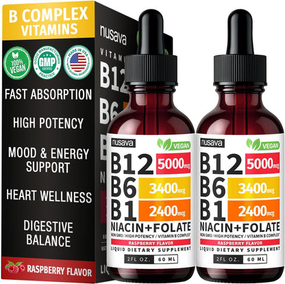NUSAVA Vitamin B12 Liquid Drops, Strawberry Flavored D3 K2 & Vanilla Flavored D3 K2 Bundle — Daily Wellness Liquid Vitamins for Energy & Immune Support — Non-GMO, Gluten-Free, 2pk Each