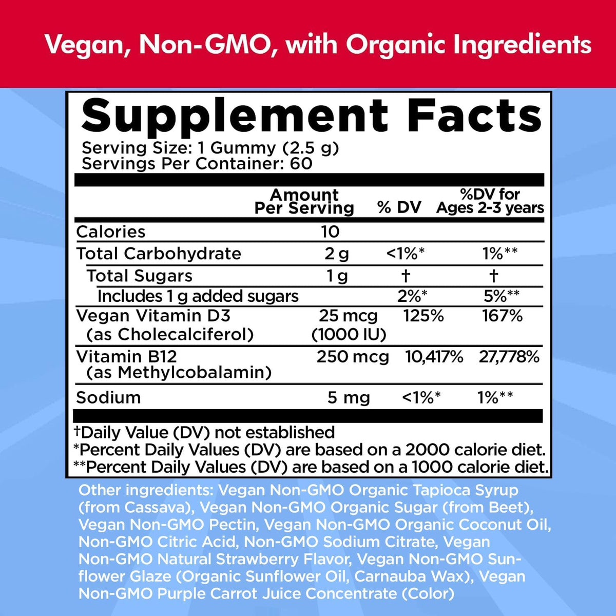 Vitamin D3, B12 Gummies by Dr. Danielle, Vegan Daily Supplement for Adults & Kids, Non-GMO, Vitamin D3 1000 IU & 250 mcg Vitamin B12, 2 Month Supply (60 Gummies)