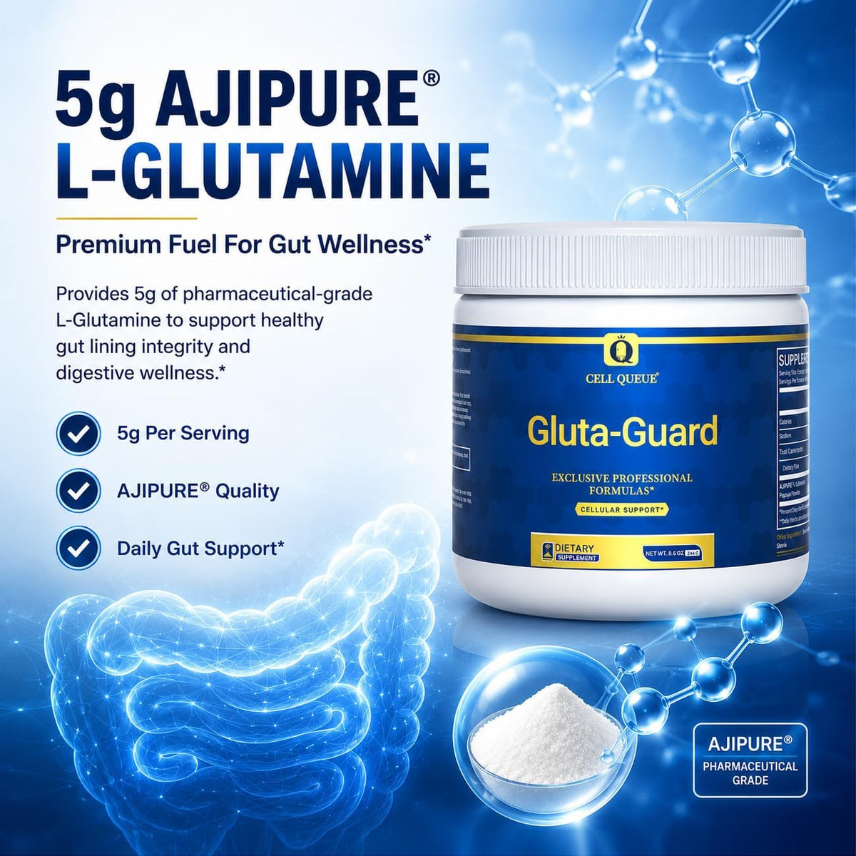 Gluta-Guard L-Glutamine Powder with Papaya Powder & Acacia Fiber | Triple-Action Gut Health & Digestive Support, Gut Lining, GI Health & Regularity, Prebiotic Fiber Supplement, 30 Servings