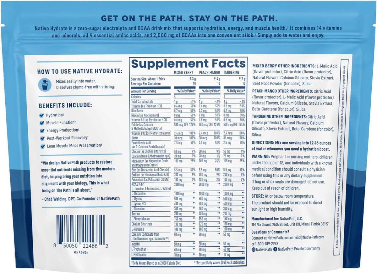 NativePath Hydrate Electrolyte Stick Packs Variety Pack, 30 Count | Mixed Berry, Peach Mango & Tangerine Sticks, 14 Vitamins, 9 Aminos & 2000mg BCAAs, Zero Sugar, Keto