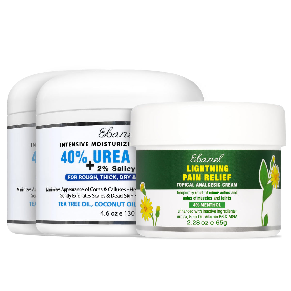 Ebanel Bundle of 2 Pack 40% Urea Cream 4.6 Oz, and Pain Relief Cream Arnica Menthol 2.28 Oz