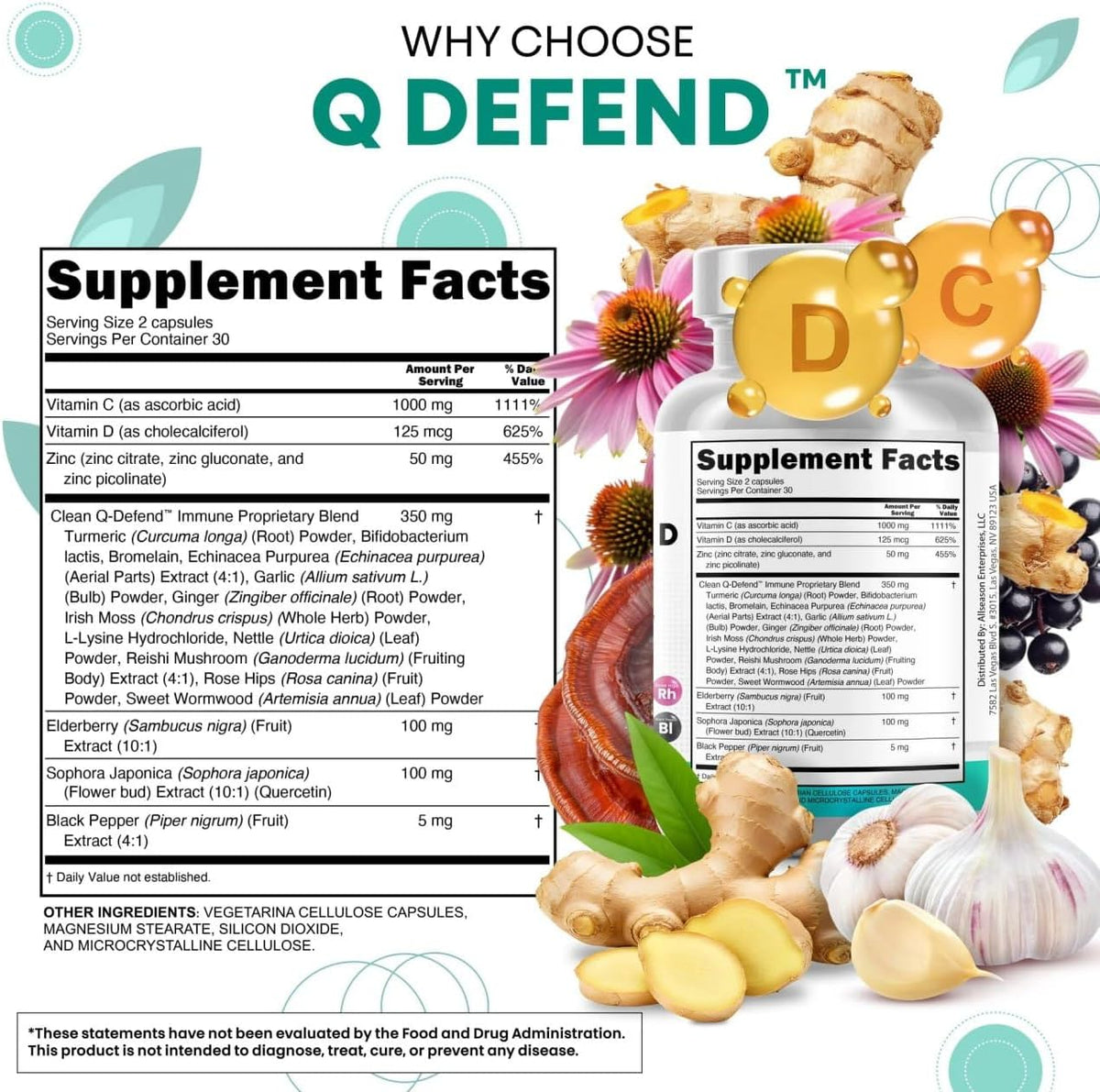 Q Defend Quercetin Supplement with Zinc Vitamin C Vitamin D Elderberry Turmeric Black Pepper Garlic Ginger Sea Moss Lysine Stinging Nettle Reishi Mushroom Immune Support 60 Capsules