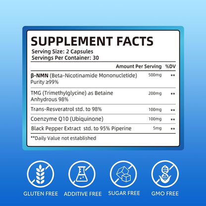 NMN 500mg Capsules, 5-in-1 with Resveratrol, TMG & CoQ10, 60 Count