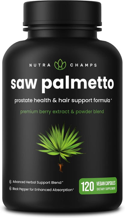 NutraChamps Saw Palmetto Supplement for Prostate Health [Extra Strength] 600mg Complex with Extract, Berry Powder & Herbs - Supports Healthy Urination Frequency, 120 Capsules