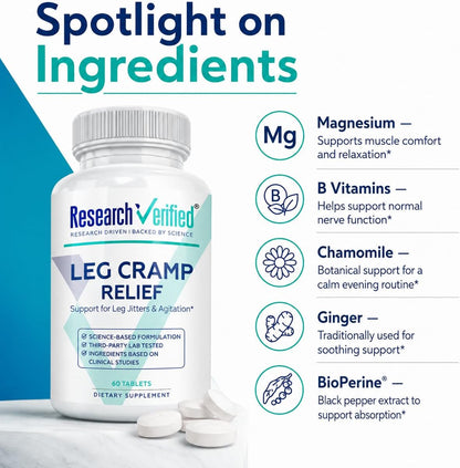 Research Verified Leg Cramps - Magnesium, B Vitamins, Ginger, Chamomile, BioPerine - Circulation Support - Vegan - 1 Month Supply