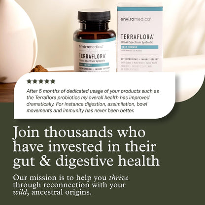 Terraflora Deep Immune Synbiotic, SBO Spore Probiotic, Immune, 60 Ct | Soil-based spore probiotics & prebiotics with LC-Plasma & Bacillus strains. Immune & gut support, vegan. 60 caps.
