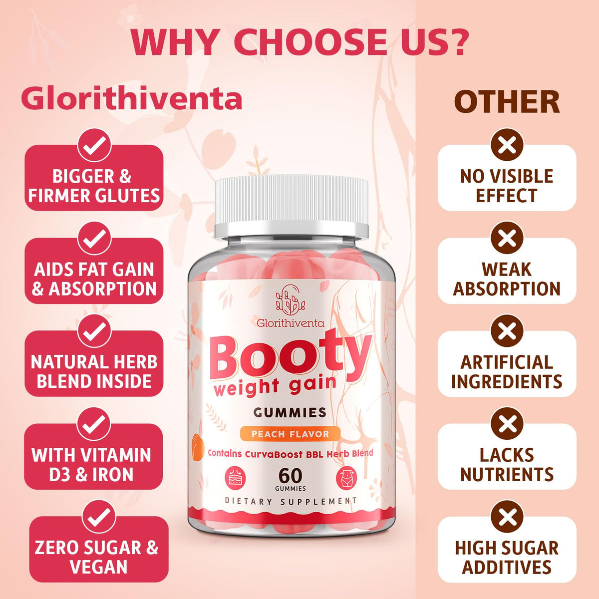Booty Gummies for Women, BBL Gummies Contains CurvaBoost BBL Herb Blend & Creatine Monohydrate for Booty, Curves & Energy, Zero Sugar, Vegan, Peach Flavor - 60 Counts