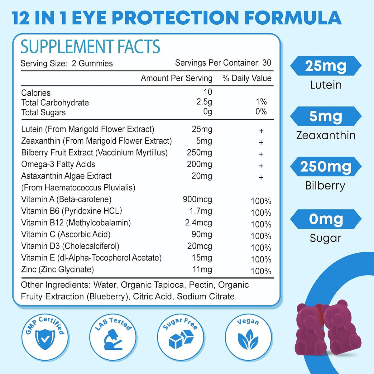 2 Pack Lutein Gummies, 12 in 1 Lutein and Zeaxanthin Supplements Eye Vitamins Gummies for Adults, Eye Health Supplement with Multiple Vitamin for Promoting Eye & Vision - 120 Gummies