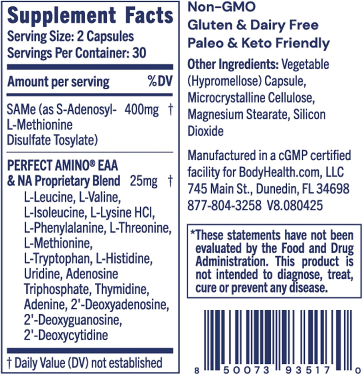 BodyHealth Same 400mg - Optimized Methylation Support for Brain, Joint, Cartilage and Liver Health* - 60 Capsules