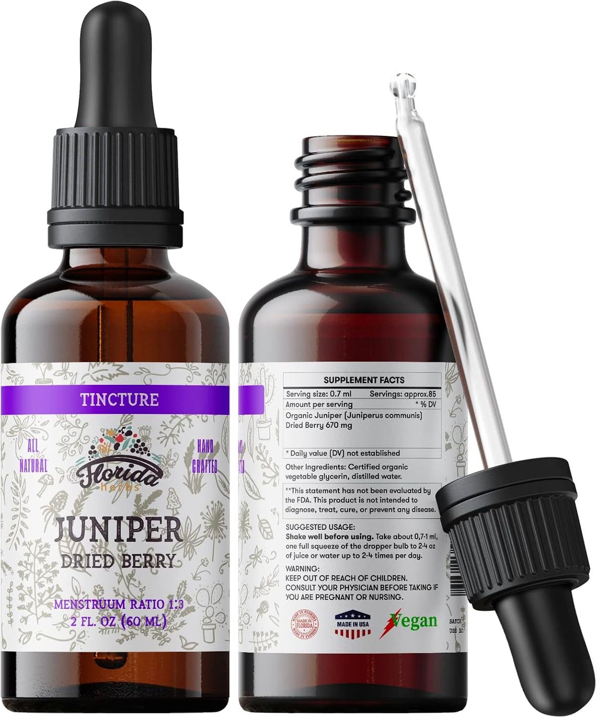 Juniper Tincture Alcohol-Free, Organic Juniper Berry Extract (Juniperus communis) - Non-GMO in Cold-Pressed Organic Vegetable Glycerin - 2 oz