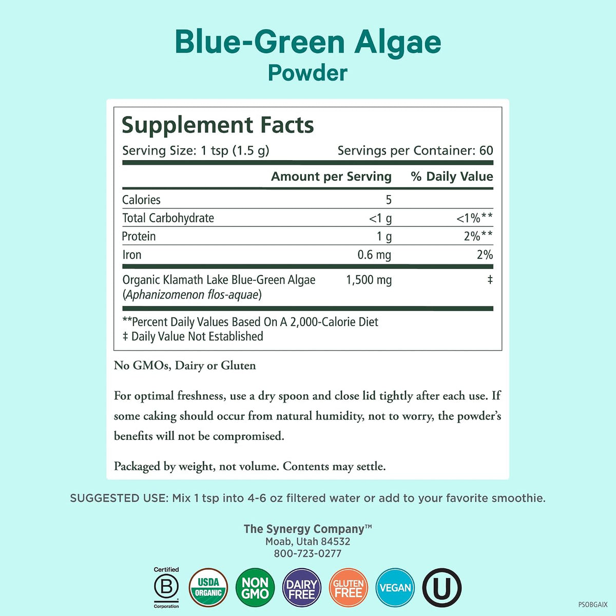 PURE SYNERGY Blue-Green Algae Powder | Superfood Powder with Chlorophyll | Organic AFA Blue Green Algae Supplement | Supports Energy, Mental Clarity, and Detoxification (3.2 oz.)