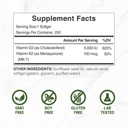DEAL SUPPLEMENT Vitamin D3 5,000 IU + K2 MK7 Softgels, 250 Count | 2-in-1 Complex | Easy to Swallow